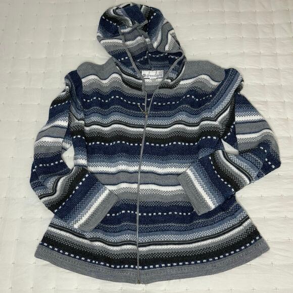 VTG Dressbarn Fair Isle Full Zip Hoodie Sweater Women's M Blue Gray White - Picture 1 of 12